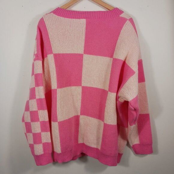 BIBI Pink & Ivory Mixed Checkered Oversized Cardigan Sweater Size LRG, Cozy Chic - Picture 6 of 16